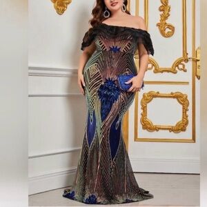 #459 Multicolor sequined ruffled off-shoulder neckline mermaid Gown - 5X